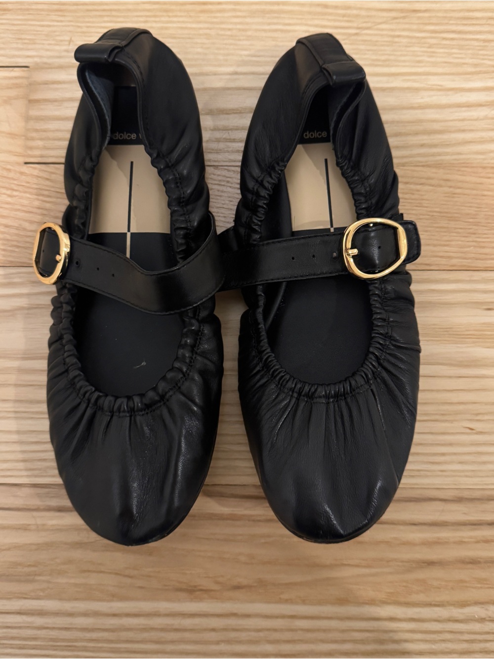 Dolce Vita Caely Black Leather Mary Jane Flats with Gold Buckles